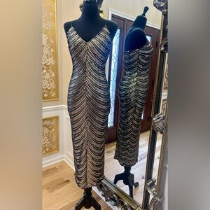 Fashion Nova Party Black Gold Midi Dress Size M Adjustable Bra Strap